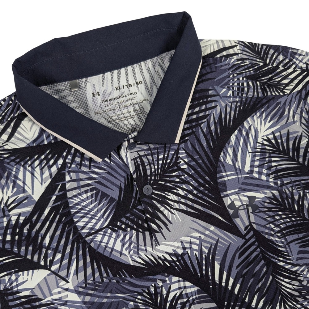 Under Armour ISO-CHILL Polo Shirt Mens XL Navy Blue Floral Palm Leaf Golf